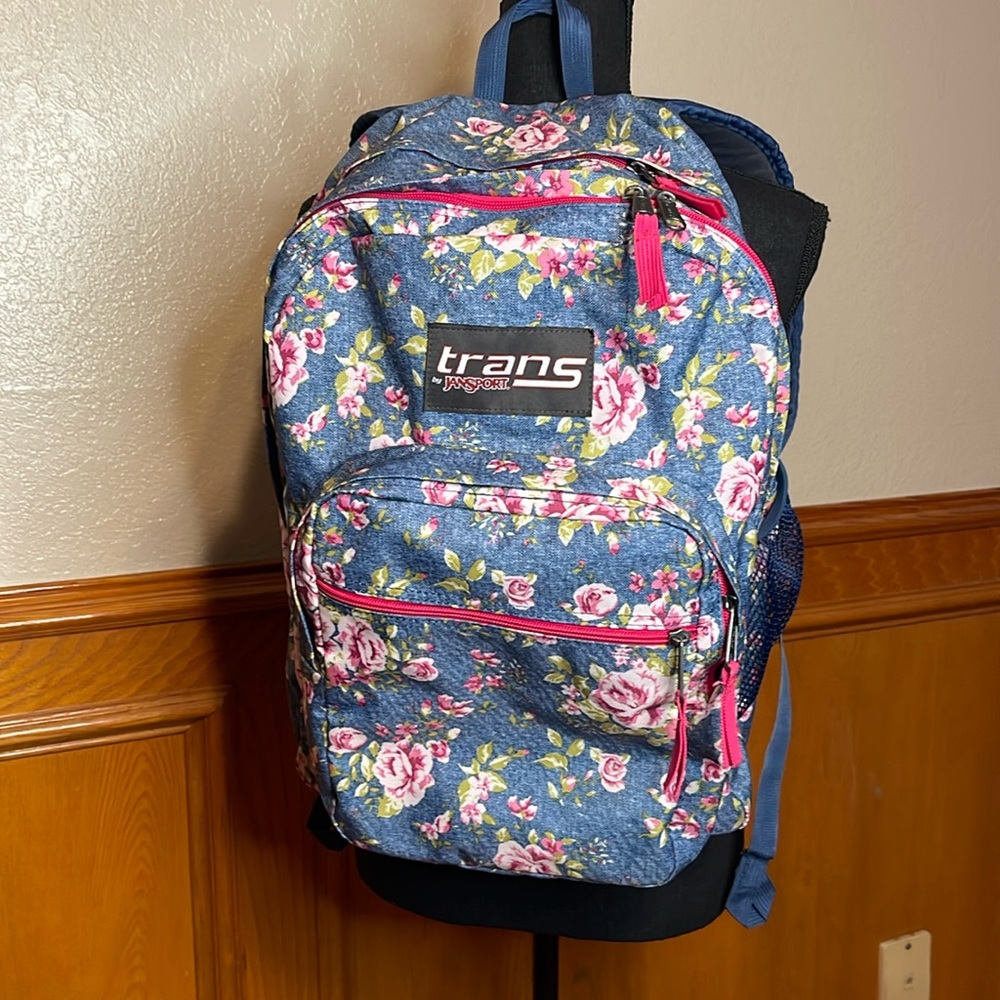 JanSport Trans Backpack Floral Design Pink Roses Blue Denim Flowers